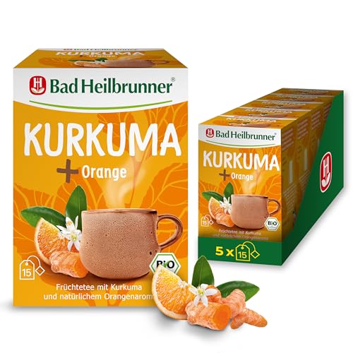 Bad Heilbrunner Kurkuma+ Orange Tee – Bio-Kräutertee mit Kurkuma und Orangenschalen, verfeinert mit Rooibos, (5 x 15 Filterbeutel) von Bad Heilbrunner