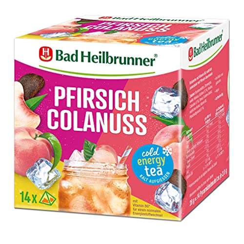 Bad Heilbrunner Cold Energy Tea Pfirsich Colanuss - im Filterbeutel - Colanuss, Pfirsichsaftgranulat - kalt aufgießen - mit Vitamin B6 für einen normalen Energiestoffwechsel (6 x 14 Pyramidenbeutel) von Bad Heilbrunner