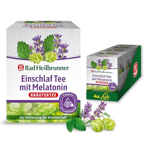 Bad Heilbrunner Einschlaf Tee mit Melatonin - im Pyramidenbeutel - Melatonin, Melisse, Lavendel - Endlich wieder gut einschlafen - Ideal fürs Reisen - Gute Nacht Tee (4 x 12 Pyramidenbeutel) von Bad Heilbrunner