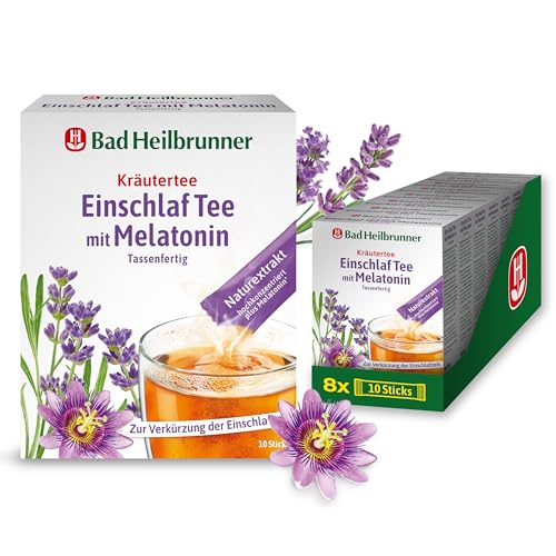 Bad Heilbrunner Einschlaf Tee mit Melatonin - im Stick, Tassenfertig - mit Melatonin, Lavendelblüten & Passionsblume - Endlich gut einschlafen - Ideal bei Reisen - gute Nacht Tee (8 x 10 Sticks) von Bad Heilbrunner