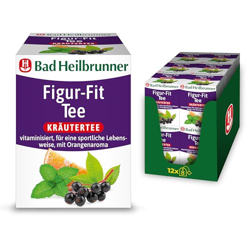 Bad Heilbrunner Figur-Fit Tee – Kräutertee mit Orangenaroma, Mate, Brombeerblättern und Pfefferminze, angereichert mit Vitamin B12 zur Unterstützung des Energiestoffwechsels, (12 x 8 Filterbeutel) von Bad Heilbrunner