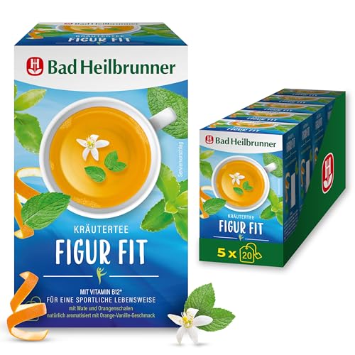 Bad Heilbrunner Figur Fit Tee – Kräutertee mit Orangenschalen, Mate, Pfefferminze und Vitamin B12 zur Unterstützung des Energiestoffwechsels, (5 x 20 Filterbeutel) von Bad Heilbrunner