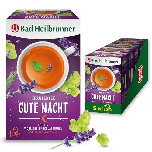 Bad Heilbrunner Gute Nacht Tee - Kräutertee im Filterbeutel - Melisse, Lavendel, Hopfenzapfen - für ein wohliges Einschlafgefühl - bei innerer Unruhe & Einschlafproblemen (5 x 20 Filterbeutel) von Bad Heilbrunner