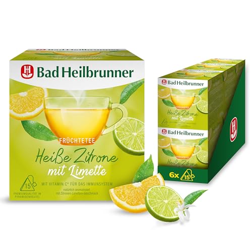 Bad Heilbrunner Heiße Zitrone mit Limette Tee - Früchtetee im Pyramidenbeutel - Zitrone, Limette - mit Vitamin C für Abwehrkräfte - stärkt das Immunsystem (6 x 15 Pyramidenbeutel) von Bad Heilbrunner