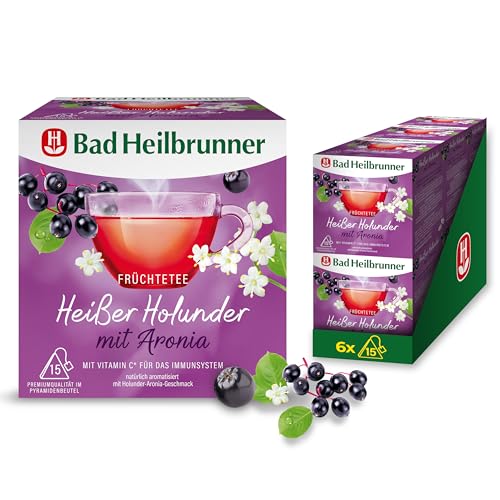 Bad Heilbrunner Heißer Holunder mit Aronia Tee - Früchtetee im Pyramidenbeutel - Holunder, Aronia - mit Vitamin C für die Abwehrkräfte & das Immunsystem (6 x 15 Pyramidenbeutel) von Bad Heilbrunner