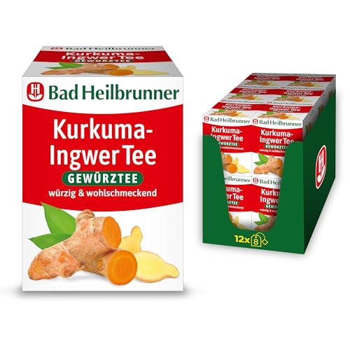 Bad Heilbrunner Kurkuma Ingwer Tee - Gewürztee im Filterbeutel - Kurkuma, Ingwer - würzig, harmonisch, wohltuend - würziges Wurzel-Duo aus Fernost (12 x 8 Filterbeutel) von Bad Heilbrunner