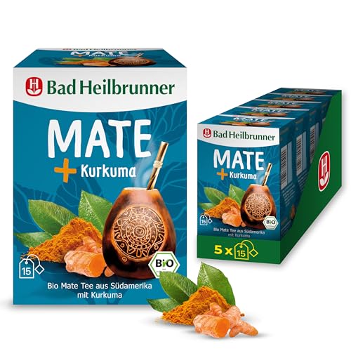 Bad Heilbrunner Kurkuma + Mate Tee - im Filterbeutel - Mate & Kurkuma - klassischer Mate Tee aus Südamerika mit Kurkuma - harmonisches Geschmakserlebnis (5 x 15 Filterbeutel) von Bad Heilbrunner