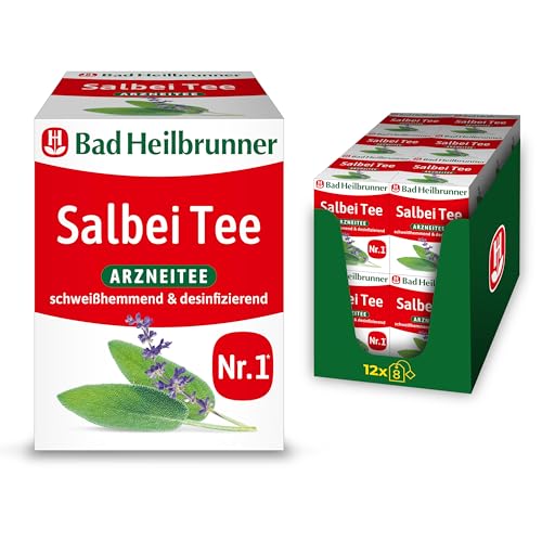 Bad Heilbrunner Salbei Tee – Pflanzlicher Arzneitee zur Unterstützung bei Magen-Darm-Beschwerden, übermäßiger Schweißbildung und Entzündungen im Mund- und Rachenraum, (12 x 8 Filterbeutel) von Bad Heilbrunner