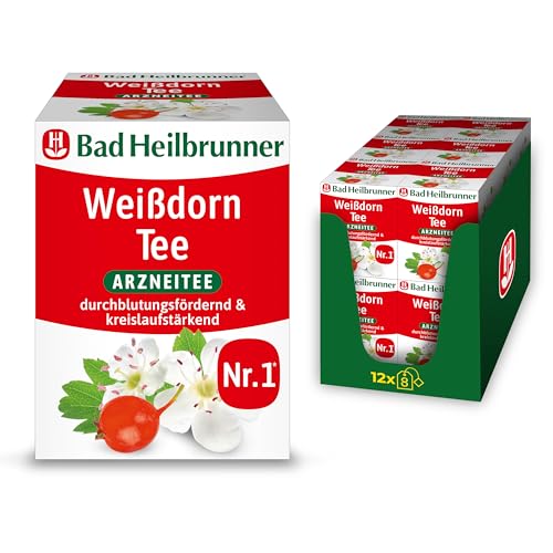 Bad Heilbrunner Weißdorn Tee - Arzneitee im Filterbeutel - Weißdornblätter & -blüten - Herzstärker aus Tradition - durchblutungsfördernd & kreislauffördernd (12 x 8 Filterbeutel) von Bad Heilbrunner