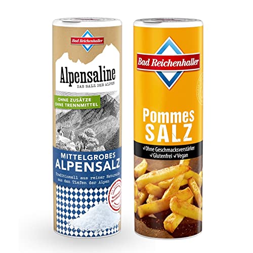 Bad Reichenhaller Grillgewürz-Set 2er Bundle Alpensalz mittelgrob 380g & Pommessalz 300g | Gewürz-Salz-Mischung Geschenkset Spar-Bundle | Gewürz-Dosen Streuer von Bad Reichenhaller