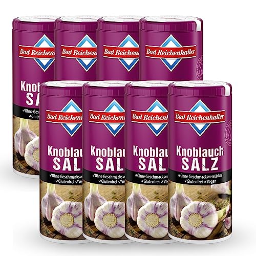 Bad Reichenhaller Knoblauch-Salz 8 x 90g Dose | Großpackung Vorratspackung ohne Geschmacksverstärker Glutenfrei Vegan | AlpenJodSalz + Folsäure + ausgewählte Kräuter von Bad Reichenhaller