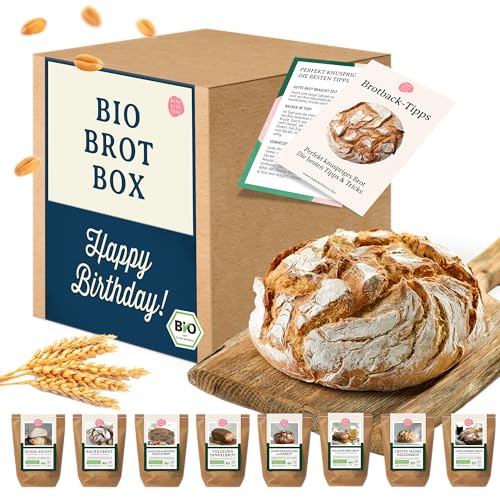 Bake with Love - Brot Geschenkset zum Geburtstag | Bio Brotprobierbox Happy Birthday | Geburtstagsgeschenk für Frauen und Männer | Geschenkkorb gefüllt mit 8 Brotbackmischungen zum Brotbacken von Bake with Love