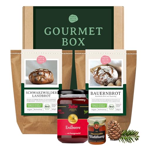 Bake with Love - Gourmet Geschenkbox | Präsentkorb für Feinschmecker | Geschenkkorb gefüllt mit 2 Brotbackmischungen, Marmelade & Honig | Feinkost Geschenkset von Bake with Love