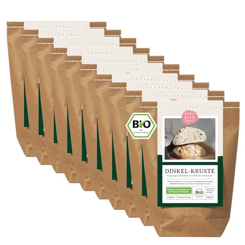 Bio Dinkel-Kruste Brotbackmischung - Backmischung Brot Dinkel ohne Weizen - Dinkelbrot backen Brotbackautomat geeignet - Bake with Love - (10er Pack) von Bake with Love