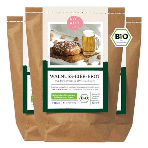 Bio Walnuss-Bier-Brot Backmischung - Brotbackmischung Geschenk für Bierliebhaber und Männer - Brotbackautomat geeignet - Bake with Love - (3er Pack) von Bake with Love