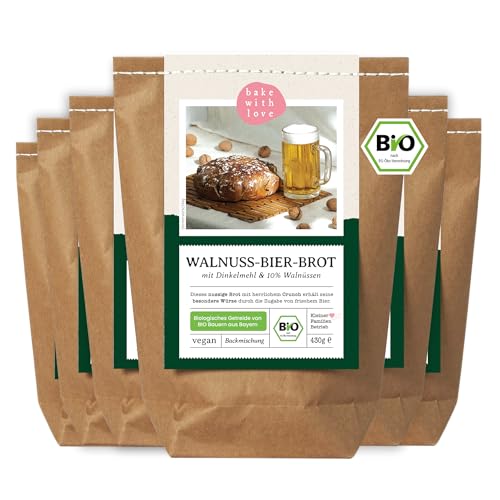 Bio Walnuss-Bier-Brot Backmischung - Brotbackmischung Geschenk für Bierliebhaber und Männer - Brotbackautomat geeignet - Bake with Love - (6er Pack) von Bake with Love