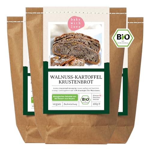 Bio Walnuss Kartoffel Krustenbrot Backmischung - Brotbackmischung Walnussbrot Kartoffelbrot - Brotbackautomat geeignet - Bake with Love - (3er Pack) von Bake with Love