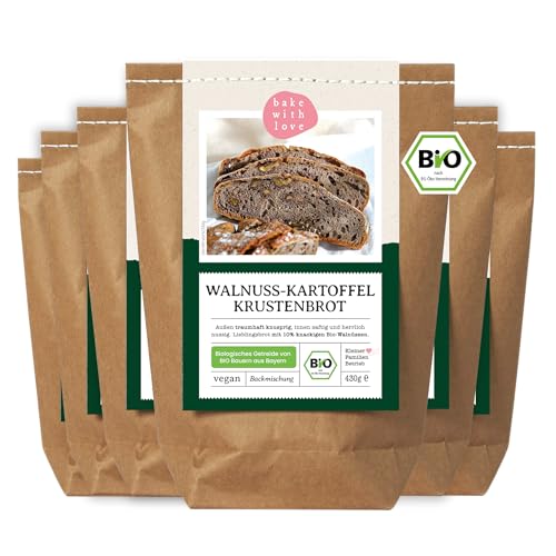 Bio Walnuss Kartoffel Krustenbrot Backmischung - Brotbackmischung Walnussbrot Kartoffelbrot - Brotbackautomat geeignet - Bake with Love - (6er Pack) von Bake with Love