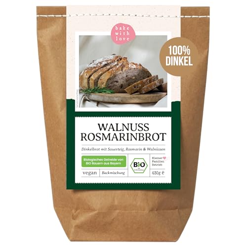 Bio Walnuss Rosmarin Dinkel Brotbackmischung | 100% Dinkel ohne Weizen | Hochwertige Bio-Zutaten | Brotbackautomat geeignet - Bake with Love(1er Pack) von Bake with Love