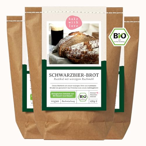 Bio Schwarzbier-Brot Brotbackmischung - Backmischung für Bierbrot - Bier Männergeschenk - Brotbackautomat geeignet - Bake with Love - (3er Pack) von Bake with Love