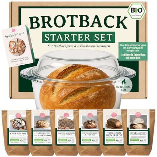 Brotbacken Starter Set – Glas Brotbackform mit Deckel (Brotbacktopf) & 6 Bio Brotbackmischungen – Geschenk zum Einzug oder für Brotliebhaber – Bake with Love von Bake with Love