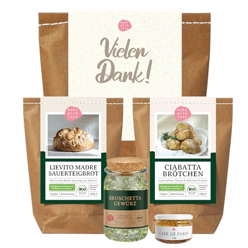 Geschenktüte „Vielen Dank“ mit Bio Brotbackmischungen & Bio Gewürzen – Feinkost Geschenkset als kleines Dankeschön – Gourmet Wundertüte für Erwachsene – Bake with Love von Bake with Love
