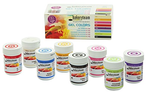 bakeryteam Gel Lebensmittelfarben für Fondant Marzipan Cupcake Sahne Kuchen Torte Eis Farben Set (8 x 35g) von bakeryteam