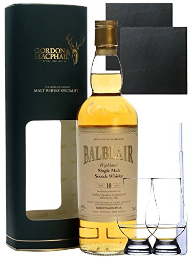 Balblair 10 Jahre Single Malt Whisky Gordon & MacPhail 0,7 Liter + 2 Glencairn Gläser + 2 Schieferuntersetzer 9,5 cm + Einwegpipette von Balblair