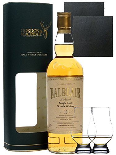 Balblair 10 Jahre Single Malt Whisky Gordon & MacPhail 0,7 Liter + 2 Glencairn Gläser + 2 Schieferuntersetzer 9,5 cm von Balblair