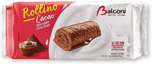 6x Balconi Rollino Cacao Mini Kuchen mit Schokoladencreme mit Schokolade überzogen (6x37g) 222g von Balconi