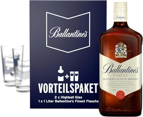 Ballantines Finest Vorteils-Paket, Blended Scotch Whiskey inklusive 2 High-Ball Whiskey-Gläsern, Geschenk-Set, Milder Blend aus Malt und Grain Whiskys, 1L von Ballantine's