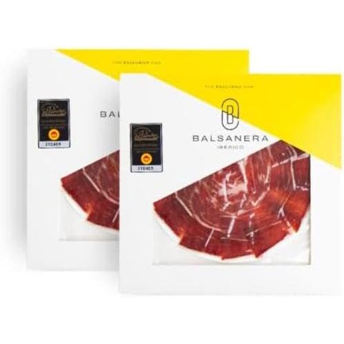 Balsanera Ibérico - 100% Serrano Ibérico Schinken G.U. Los Pedroches| 2 x 80 gr | Handgeschnitten | Vakuumverpackt | Prämiert mit 'Encina de Oro' und 'Great Taste Award' | Reifezeit 32-40 Monaten von Balsanera Ibérico