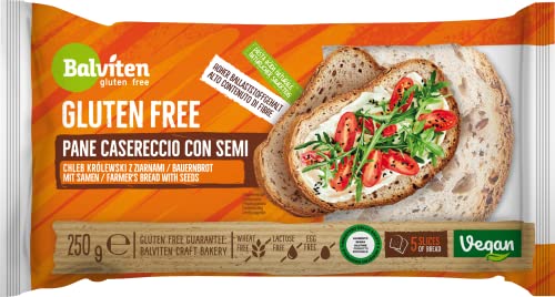 BALVITEN glutenfreies Bauernbrot mit Kernen, 250 g, in Scheiben geschnitten, zertifiziert, vegan, ohne Eier, Laktose, natürlicher Sauerteig, hoher Ballaststoffgehalt BALVITEN glutenfreies Bauernbrot mit Kernen, 250 g, in Scheiben geschnitten, zertifiziert, vegan, ohne Eier, Laktose, natürlicher Sauerteig, hoher Ballaststoffgehalt von Balviten gluten - free
