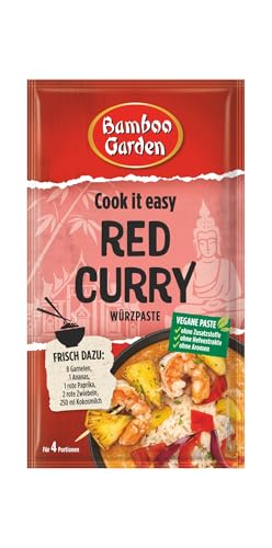 Bamboo Garden - Red Curry Würzpaste | Zum Zubereiten von rotes Thai Curry | Für 4 Portionen | Vegan, natürliche Zutaten | 45 g im Beutel Bamboo Garden - Red Curry Würzpaste | Zum Zubereiten von rotes Thai Curry | Für 4 Portionen | Vegan, natürliche Zutaten | 45 g im Beutel von Bamboo Garden