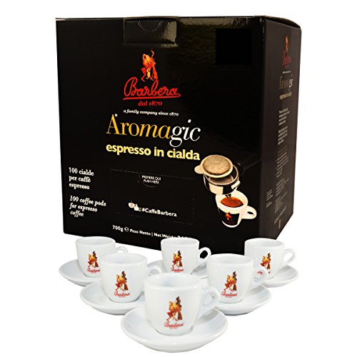 Caffè Barbera - Aromagic 100 biologisch abbaubare Pads - ESE System - Gemahlene Kaffeemischung - Intensiv + Premium Tassenset von Barbera