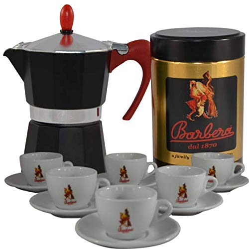 Caffè Barbera - Mokka Espressokocher in Barbera Farben + Barbera Dose 250g gemahlen + Tassen von Barbera