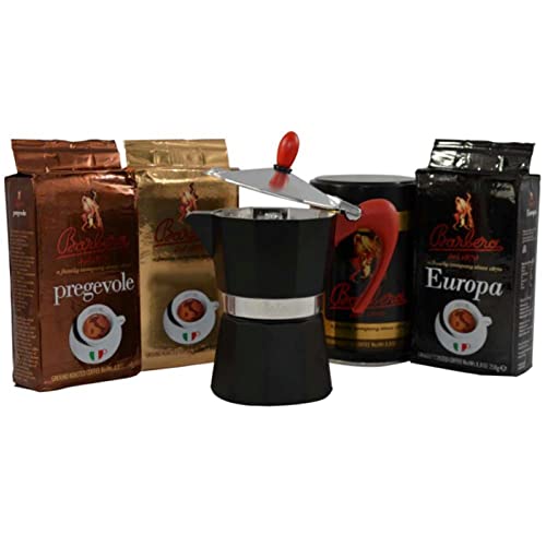 Caffè Barbera - Mokka Espressokocher in Barbera Farben + Mischung aus gemahlenem Kaffee (4x250g) von Barbera