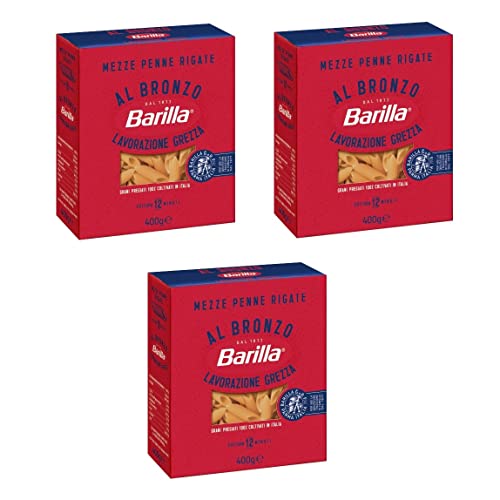 3x Barilla Mezze Penne Rigate al Bronzo Bronze Gezogene Pasta 400g Rohe Verarbeitungsmethode von Barilla