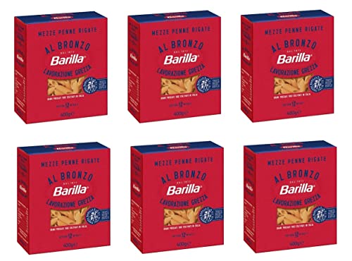 6x Barilla Mezze Penne Rigate al Bronzo Bronze Gezogene Pasta 400g Rohe Verarbeitungsmethode von Barilla