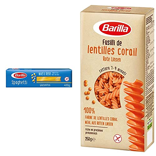 Barilla Pasta Nudeln Glutenfreie Spaghetti aus köstlichem Mais und Reis, 12er Pack (12 x 400 g) & Fusilli Rote Linsen, 10er Pack (10 x 250 g) von Barilla