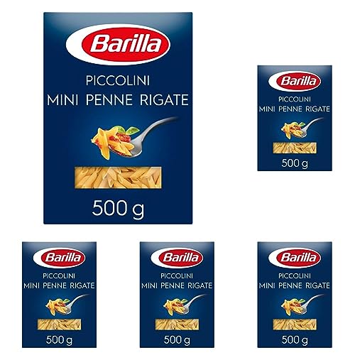 Barilla Pasta Piccolini Mini Penne Rigate aus hochwertigem Hartweizen mit einer Kochzeit von nur 6 Minuten, 500g (Packung mit 5) von Barilla