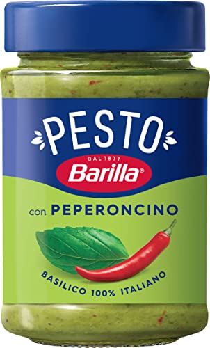Barilla Pesto Basilico e Peperoncino 1x195g | Glutenfreie Italienische Pasta-Sauce mit Basilikum und Chilischoten, Nudel-Soße, grünes Pesto Barilla Pesto Basilico e Peperoncino 1x195g | Glutenfreie Italienische Pasta-Sauce mit Basilikum und Chilischoten, Nudel-Soße, grünes Pesto von Barilla