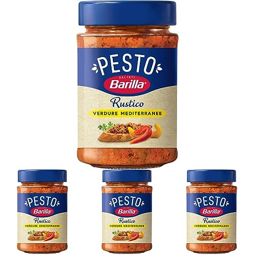 Barilla Pesto Rustico Mediterraneo 1 x 200g | Glutenfreie Italienische Pasta-Sauce mit Zucchini, Paprika und Tomaten, vegane/vegetarische Nudel-Soße, rotes Pesto (Packung mit 4) von Barilla