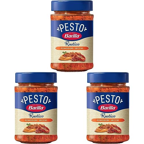 Barilla Pesto Rustico Pomodori Secchi 1 x 200g | Glutenfreie Italienische Pasta-Sauce mit sonnengetrockneten Tomaten, vegane/vegetarische Nudel-Soße, rotes Pesto (Packung mit 3) von Barilla