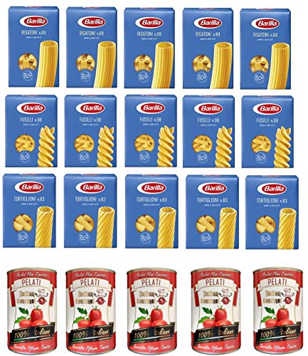 Testpaket Pasta Barilla 5x Rigatoni Nr. 89 5x Barilla Fusilli Nr. 98 5x Tortiglioni n/83 + 5x+ Italian Gourmet 100% italienische geschälte Tomaten dosen 5x 400g von Barilla