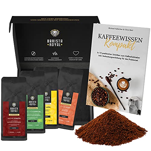 Kaffee Geschenk im Probierset mit Guide | Kaffee Geschenk für Männer und Frauen | Mit Liebe geröstet von Menschen mit Behinderung | | 4x250g gemahlener Kaffee von Barista Royal