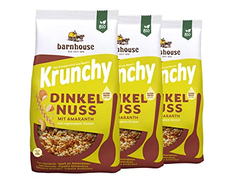 Barnhouse Krunchy Amaranth Dinkel-Nuss, Bio Dinkel-Knuspermüsli aus Bayern, mit knackigen Cashews und Mandeln, alternativ gesüßt, 3 x 375 g von Barnhouse
