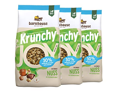 Barnhouse Krunchy Joy Nuss, zuckerreduziertes Bio Hafer-Knuspermüsli aus Bayern, mit knackig gerösteten Haselnüssen, 3 x 375 g von Barnhouse