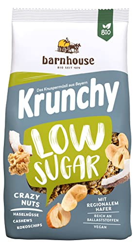 Barnhouse Krunchy Low Sugar Crazy Nuts, zuckerarmes Bio Hafer-Knuspermüsli aus Bayern, mit Cashews, Haselnüssen und Kokoschips, 1 x 375g von Barnhouse