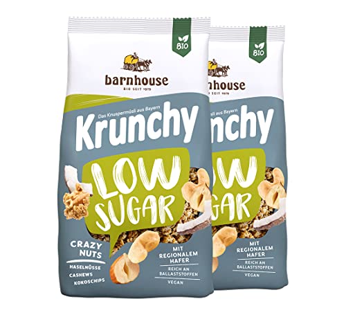 Barnhouse Krunchy Low Sugar Crazy Nuts, zuckerarmes Bio Hafer-Knuspermüsli aus Bayern, mit Cashews, Haselnüssen und Kokoschips, 2 x 375g von Barnhouse